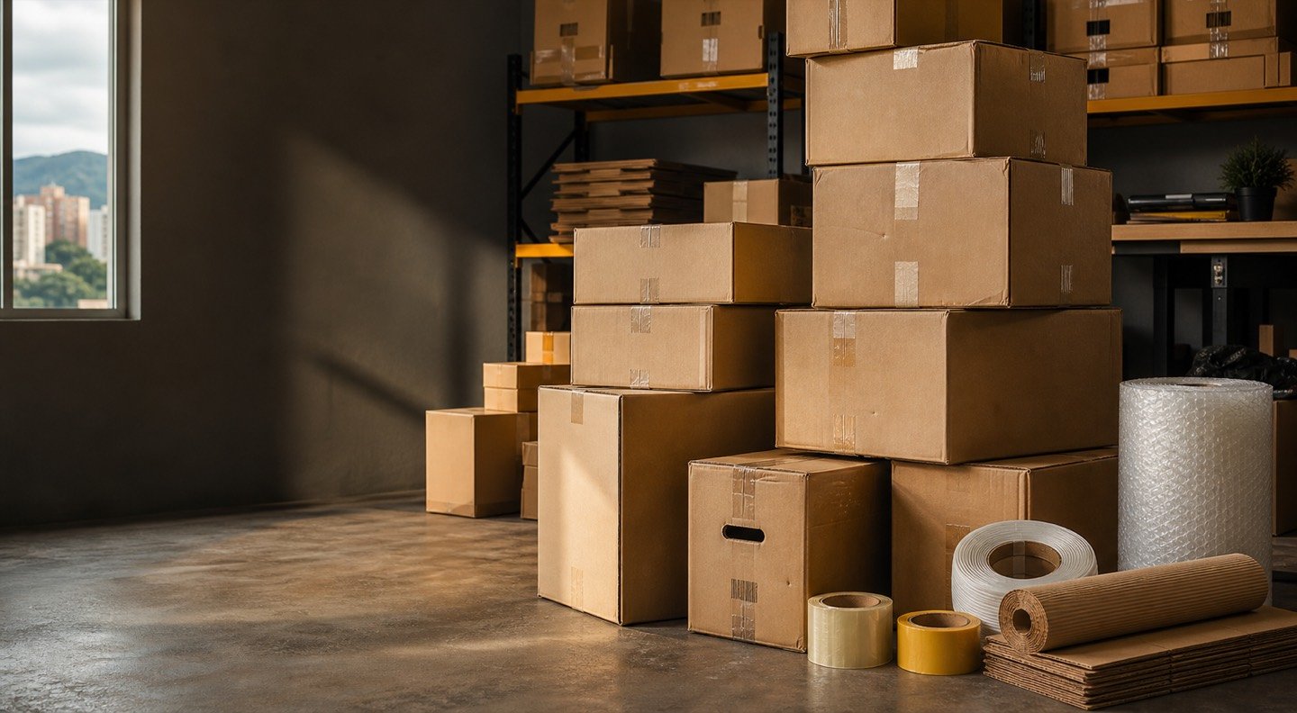 Cajas de cartón usadas en buen estado con materiales de embalaje
