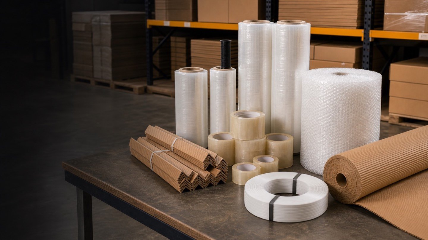 Materiales de embalaje con cajas, vinipel, cinta, zuncho y papel corrugado